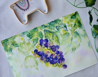 Original watercolor painting, 6x7 grape vines painting, loose watercolor, grape painting,  impressionistic watercolor, vineyard painting