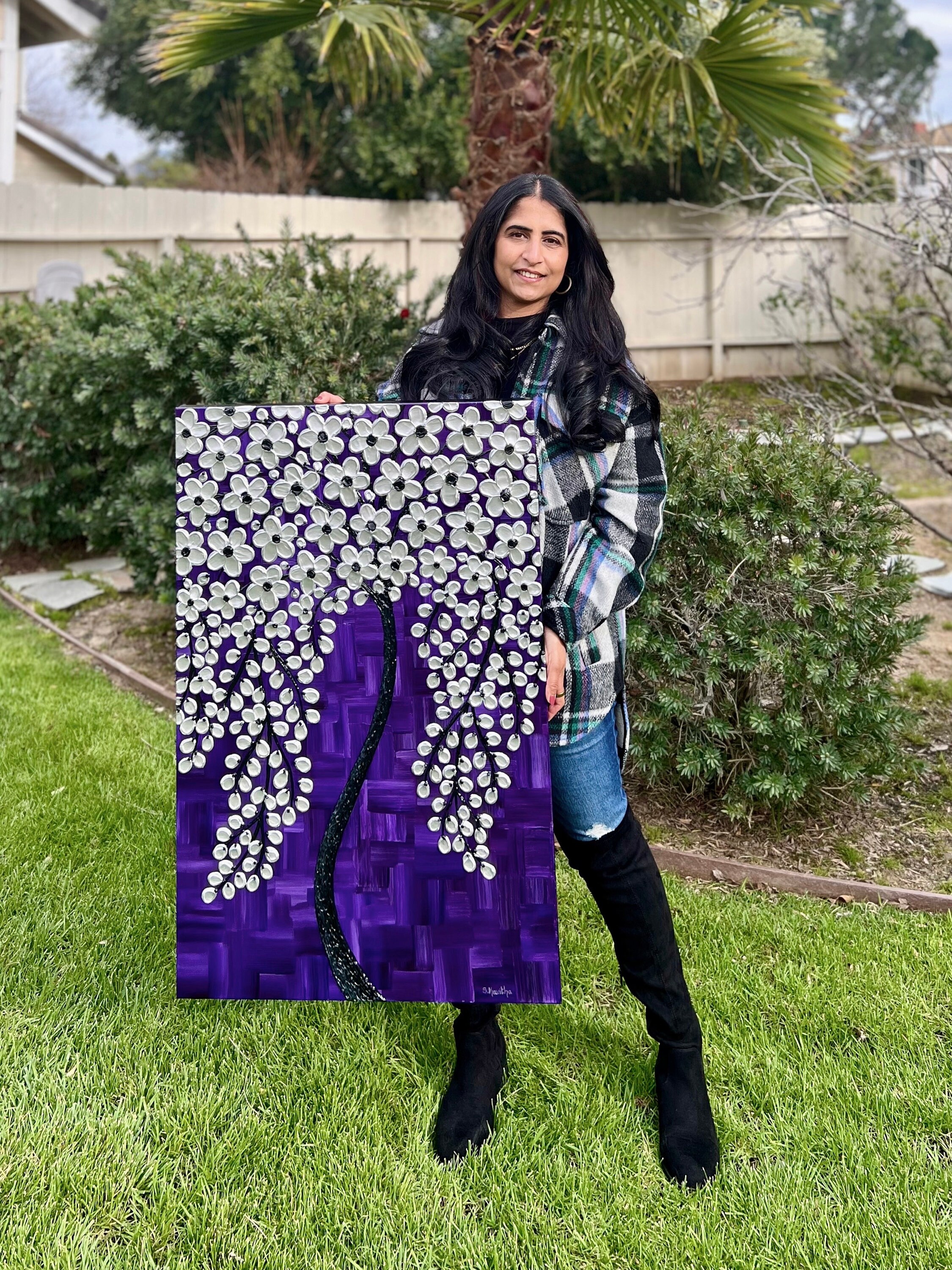 Large Tree Painting Purple Silver Blossom Tree Original Textured