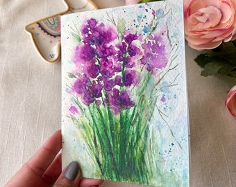 Hand painted card, Watercolor greeting, Original artwork, colorful watercolor card, floral greeting card, purple floral art