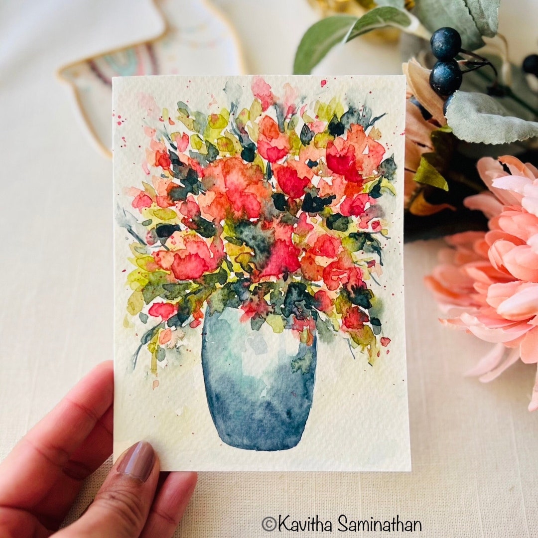 Hand Painted Floral Watercolor Card, Vase Art Greeting - Etsy