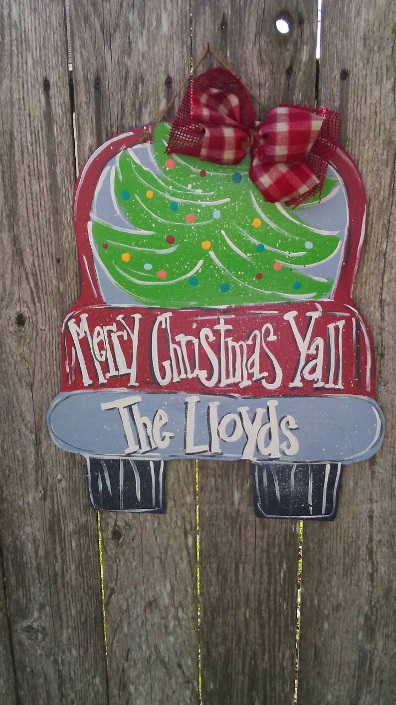 Merry Christmas y/'all red truck with Christmas tree wood door hanger..personalized..door hanger...Christmas door hanger..