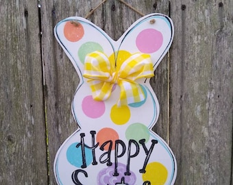 Easter bunny door hanger, Easter decor, bunny door hanger, spring door hanger, spring decor, farmhouse decor, polka dot bunny door hanger