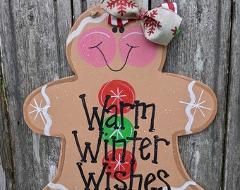 Winter door hanger, Christmas door hanger, gingerbread door hanger, wood door hanger, farmhouse decor, warm winter wishes.