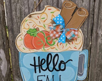 Fall door hanger, Fall decor, hello Fall, pumpkin latte decor, wood door hanger, farmhouse decor.