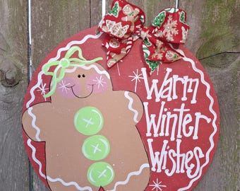 Winter door hanger, Christmas door hanger, Christmas dexor, gingerbread door hanger, Winter decor,  wood door hanger, farmhouse decor.