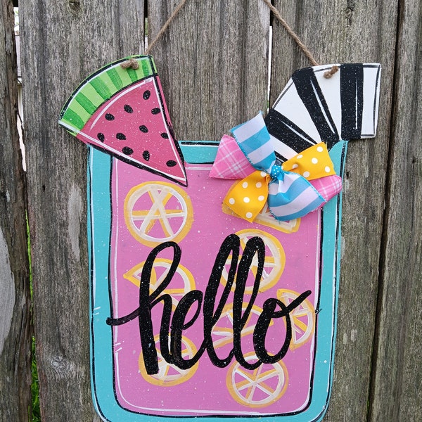 Hello door hanger, Spring door hanger,  Summer door hanger,  pink lemonade door hanger,  farmhouse decor.