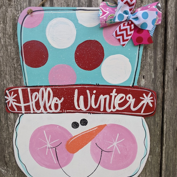 Snowman door hanger, Winter door hanger, Winter decor, wood door hanger, Christmas door hanger, farmhouse decor, hello winter sign