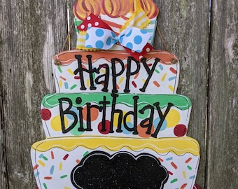 Happy birthday door hanger, birthday decor, birthday sign, wood door hanger, farmhouse decor, birthday cake door hanger.