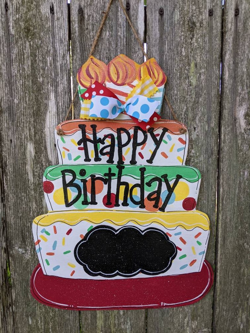 Happy birthday door hanger, birthday decor, birthday sign, wood door hanger, farmhouse decor, birthday cake door hanger. image 1