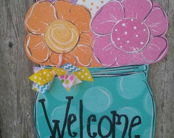 Spring door hanger. mason jar door hanger. Spring decor. Wood door hanger. door hangers. Mason jar with flowers door hanger. Farmhouse decor