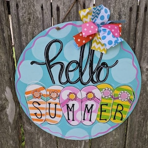 Summer decor, Summer door hanger, flip flop door hanger, hello Summer door hanger, farmhouse decor, wood door hanger, circle door hanger.