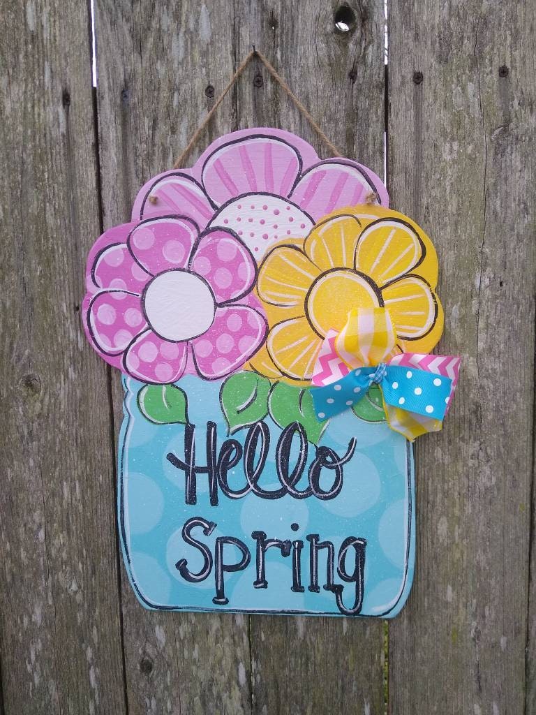 Spring Door Hanger Spring Decor Hello Spring Door Hanger Etsy