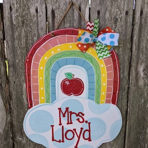 Teacher door hanger, classroom decor, personalized door hanger, rainbow door hanger, farmhouse decor, wood door hanger, teacher gift.