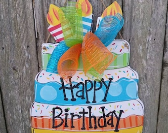 Happy birthday door hanger, happy birthday decor, wood door hanger, party decor, birthday cake sign, farmhouse decor, birthday party decor.