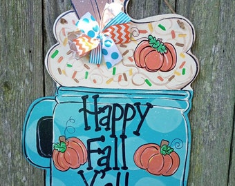 Fall door hanger, Fall decor, happy Fall y'all, wood door hanger, farmhouse decor, pumpkin door hanger, pumpkin decor, pumpkin spice latte