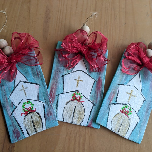 Christmas tree ornaments, rustic church ornaments, farmhouse decor, Christmas decor, Christmas gift tags, wood ornaments.