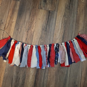 Patriotic fabric garland, rag garland, patriotic decor, summer decor, farmhouse decor