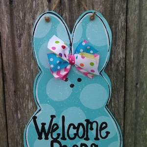 Easter door hanger , 14.5" tall peeps door hanger, bunny door hanger, welcome peeps sign, farmhouse decor, Easter decor