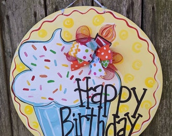 Happy birthday door hanger, wood door hanger, birthday decor, party decor, farmhouse decor, birthday party decorations, birthday cake door.