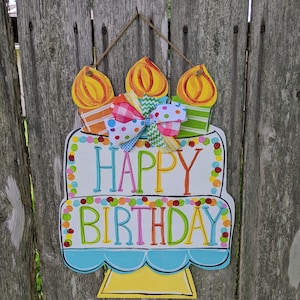 Birthday cake door hanger, birthday party decor, wood door hanger, farmhouse decor, birthday party supplies, birthday present.