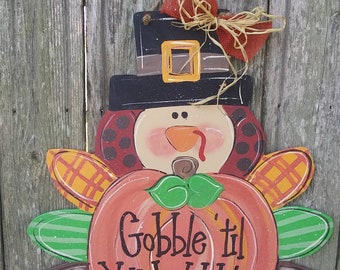 Thanksgiving door hanger,Turkey door hanger..wood door hanger..fall door hanger..gobble til you wobble..fall decor..thanksgiving door hanger