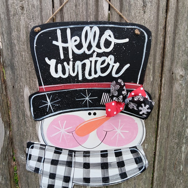 Snowman door hanger,  winter door hanger, winter decor, farmhouse decor, hello winter, wood door hanger, welcome sign, teacher sign