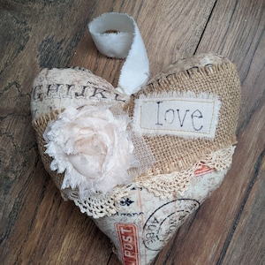 Small vintage heart pillow, fabric pillow, vintage decor, farmhouse decor, fabric heart, basket filler.
