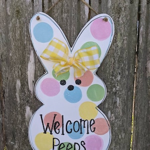 Easter door hanger, Easter peep door hanger, wood door hanger, Easter decor, welcome peeps, farmhouse decor.