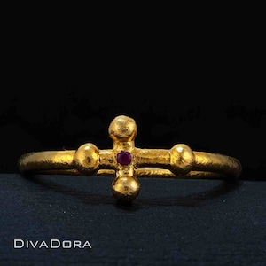 24K Pure Gold & Ruby Cross Ring, Christian Ring, Cross Dainty Ring, 24 K Ring, CRS301