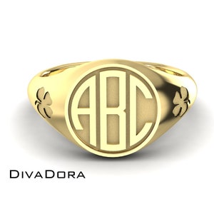 14K Solid Gold Monogram Signet Ring, Four Leaf Clover, Free Laser Engraving, Silver or Gold, SRGM1