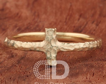 14K Solid Gold Dainty Stackable Cross Ring, Hammered Finish, Free Laser Engraving, Comfort Fit, DHR104