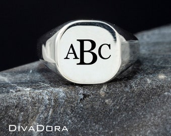 Silver Signet Ring, Free Custom Engraving, Cushion Monogram Ring, Initials Ring, SRC12