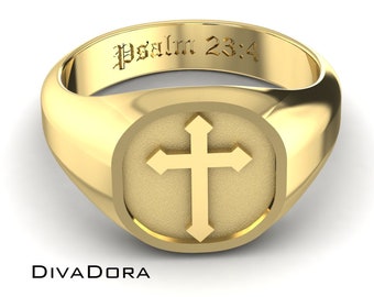 14K Solid Gold Cross Signet Ring, Free Laser Engraving, Silver or Gold, SRG17