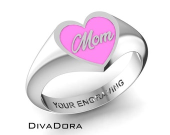 Silver Heart Mom Signet Ring, Custom Enamel, Free Custom Engraving