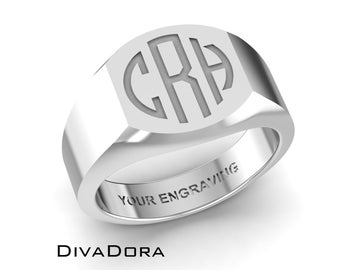 Silver Cushion Signet Ring, Personalized, Monogram, Free Custom Engraving
