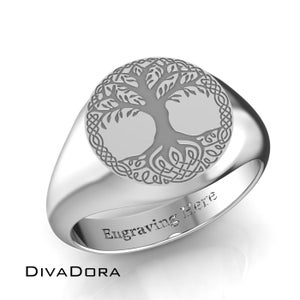 Sterling Silver Tree of Life Signet Ring, Yggdrasil, Nordic Jewelry, Free Laser Engraving, SRR13-1