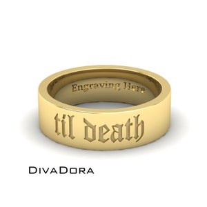 14K Solid Gold Till Death Custom Wedding Band, 6mm Wide, Free Engraving — Gothic Script