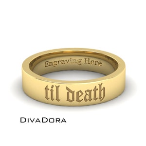 14K Solid Gold Till Death Custom Wedding Band, 4mm Wide, Free Engraving — Gothic Script