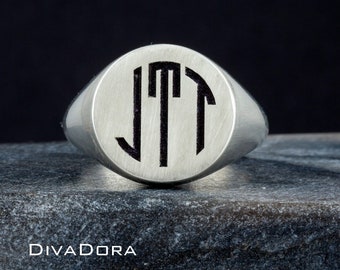 Silver Personalized Monogram Round Signet Ring, Free Custom Engraving, Initial Ring, Monogram Signet, For Him, For Her, SRC15