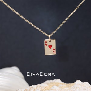 14K Solid Gold Dainty Necklace, King of Hearts, Red Enamel, Enamel Necklace, Dainty Pendant,  DNDD01