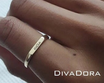 14K Solid Gold Dainty Stacking Signet Ring, Free Engraving, Personalized, Comfort Fit, BARDD209