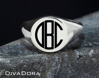Round Silver Monogram Personalized Signet Ring, Free Custom Engraving, Monogram Ring, Initials Ring, SRR12