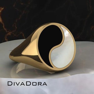 14K Solid Gold Chinese Yin Yang Ring with Black Onyx and Mother of Pearl, Signet ring, Yin Yang Ring, DRM15