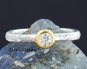 18K Solid Gold & Silver Stackable Hammered Ring, Bezel Set Genuine Diamond, Stackable Ring, DHR103