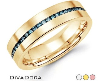 14K Solid Gold Wedding Band, Blue Diamonds, Channel Set Diamonds, Eternity Band, Free Laser Engraving, DC723-0G