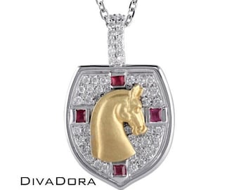 18K Solid White and Yellow Gold, Cross Shield with Horse Profile Pendant, Genuine Authentic Diamonds & Rubies, DRHorseDD1