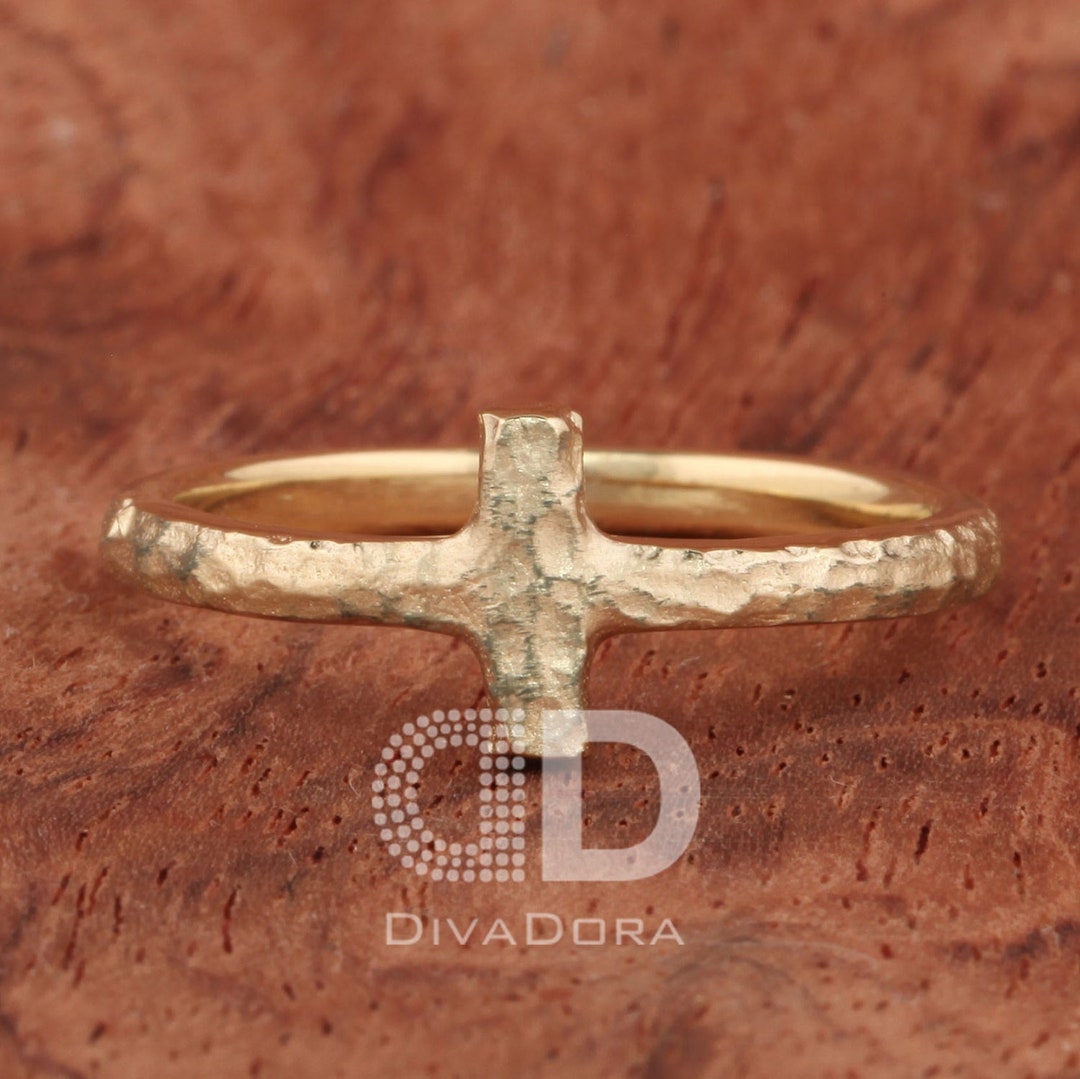 14K Solid Gold Dainty Stackable Cross Ring, Hammered Finish, Free Laser ...
