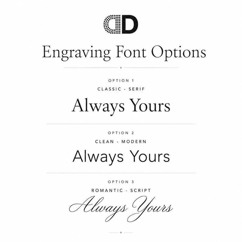 three different font options for the word "Always Yours", each with a unique style and tone. The options are "Classic - Serif", "Clean - Modern", and "Romantic - Script".