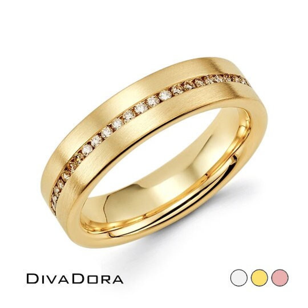 14K Solid Gold Wedding Band Genuine Brown Diamonds Channel Etsy