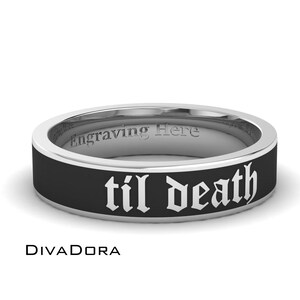 Silver Enamel til death ring, Custom Writing and Black Enamel, 4.5mm wide, Free Engraving